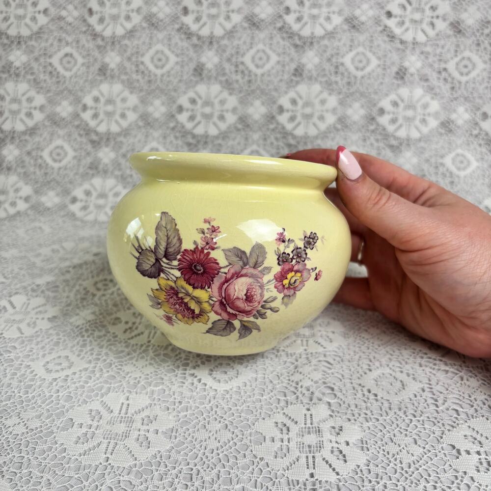 Vintage Floral Ceramic Cache Pot Planter Yellow Rose Cottage Garden Decor